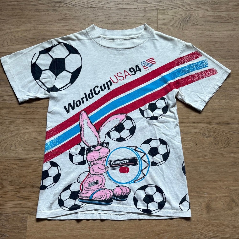Vtg Energizer World Cup USA 94 T-Shirt Youth OSFM White Good AOP Single Stitch